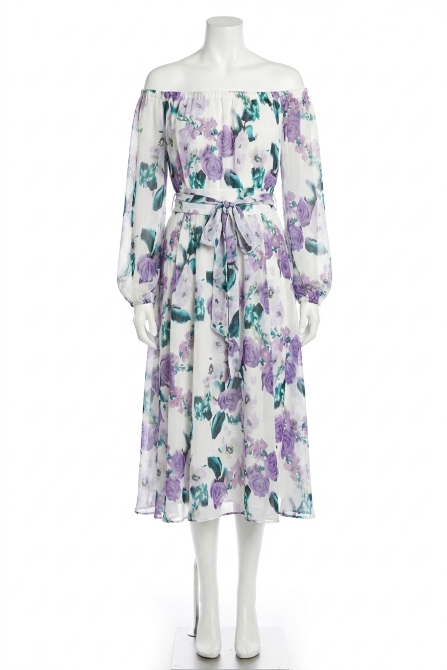 NEW MAISON TARA floral off the shoulder long sleeve midi a-line dress in ivory l